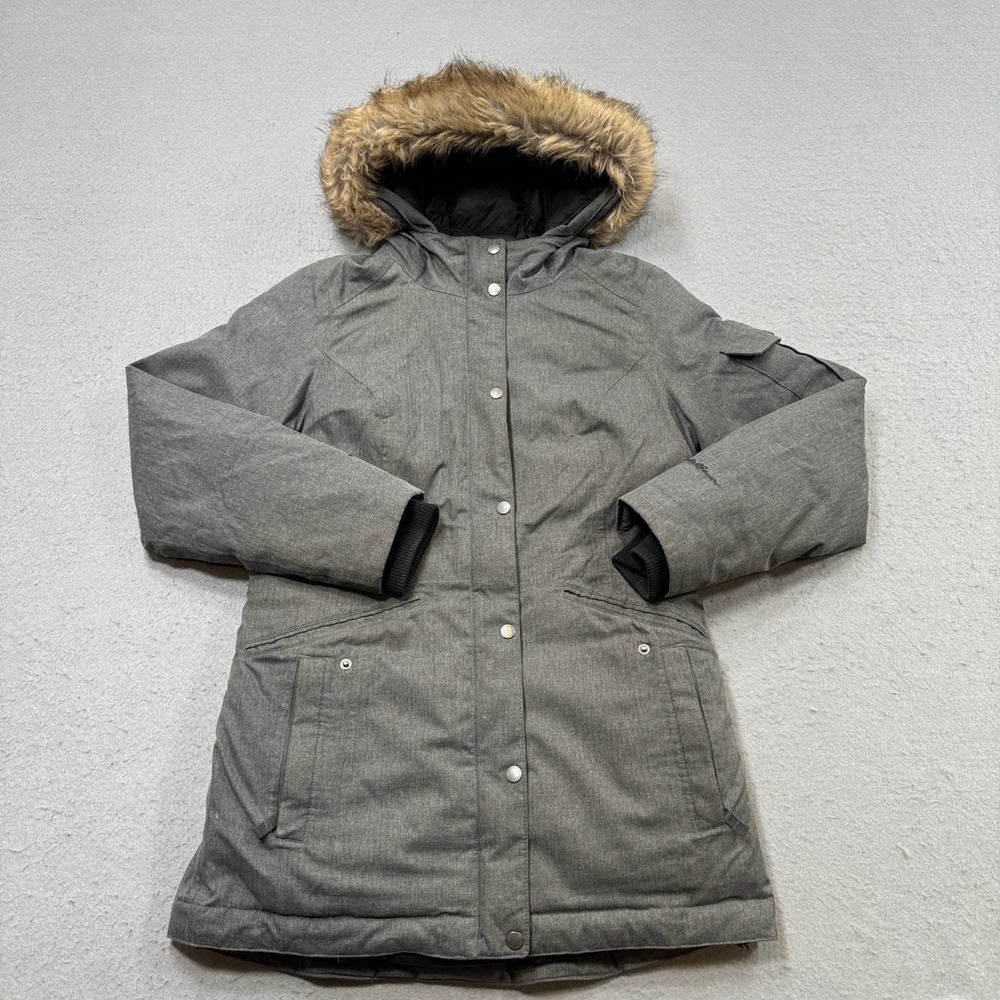 Eddie Bauer Puffer Coat Women's Medium Gray Faux Fur Hooded Goose Down Quilted